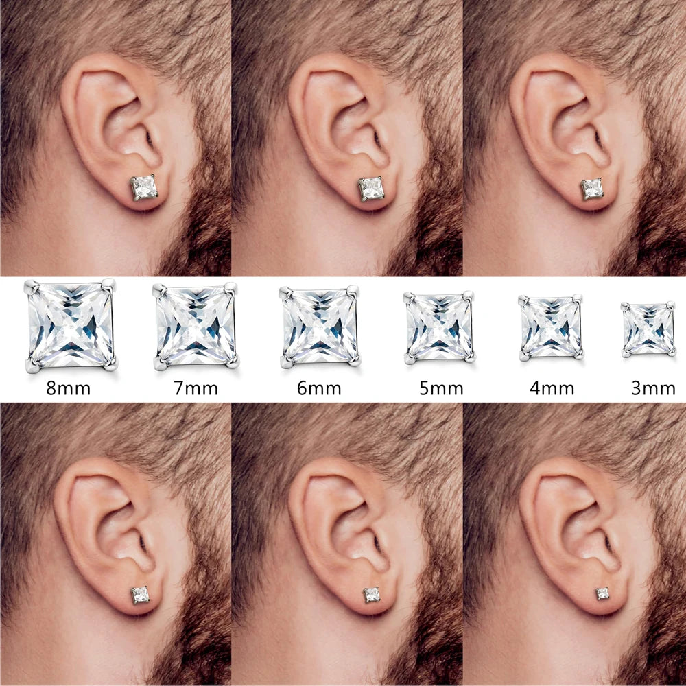 1-2 Pairs Hypoallergenic 316L Stainless Steel Square Round CZ Stud Earrings Sensitive Ear Studs Jewelry Set for Men Women 3-8MM